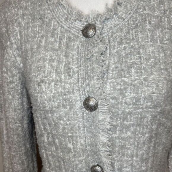 Express Gray Bouclé Knit Button-Down Cardigan Blazer Fringe Trim Womens - Picture 6 of 8